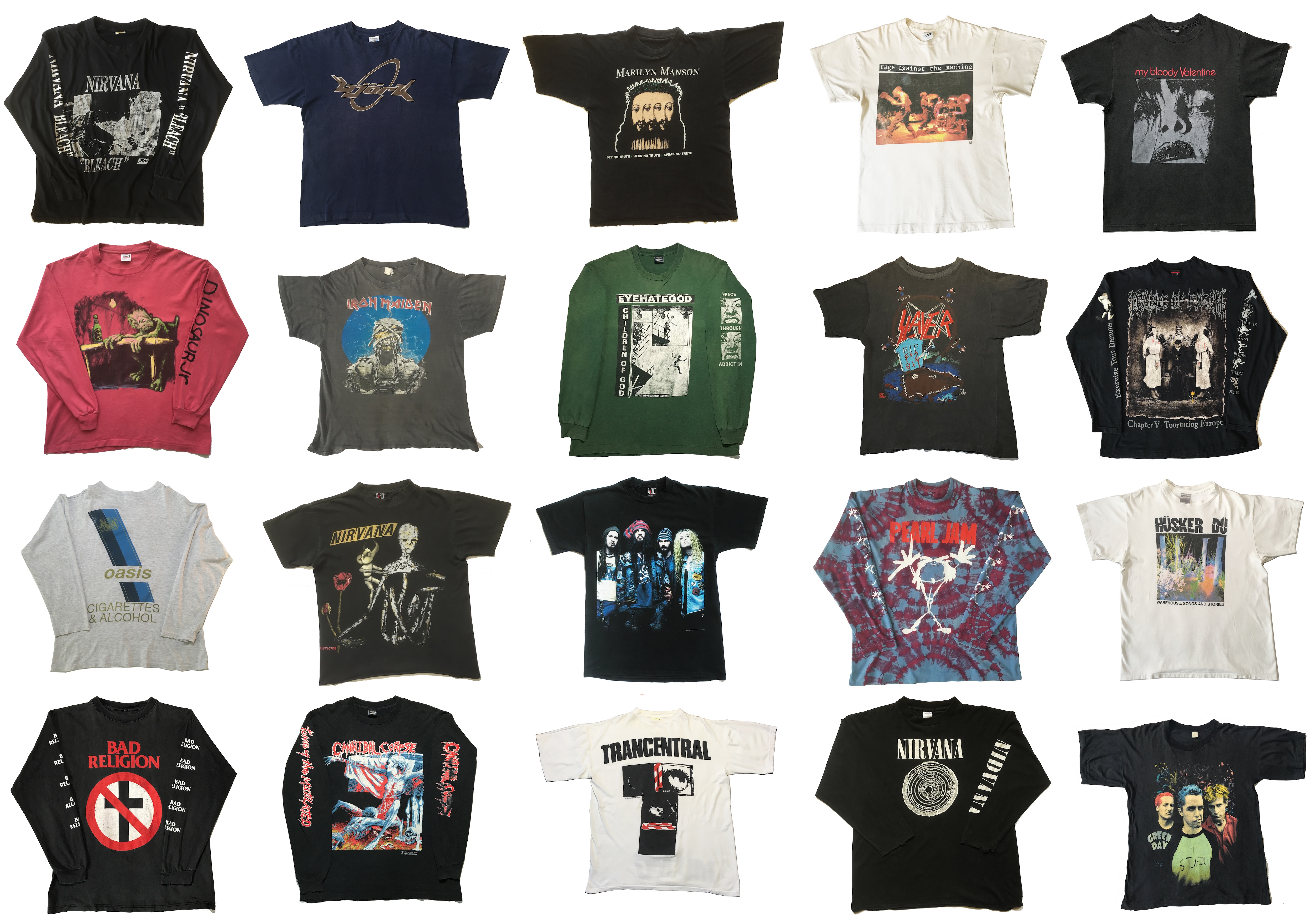 Vintage band T-shirts and long sleeves on a white background.